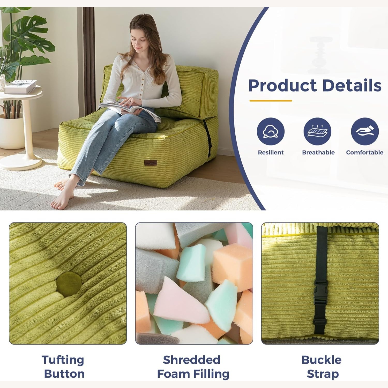 Comfortable Leafy Green Bean Bag Sofa - image-3