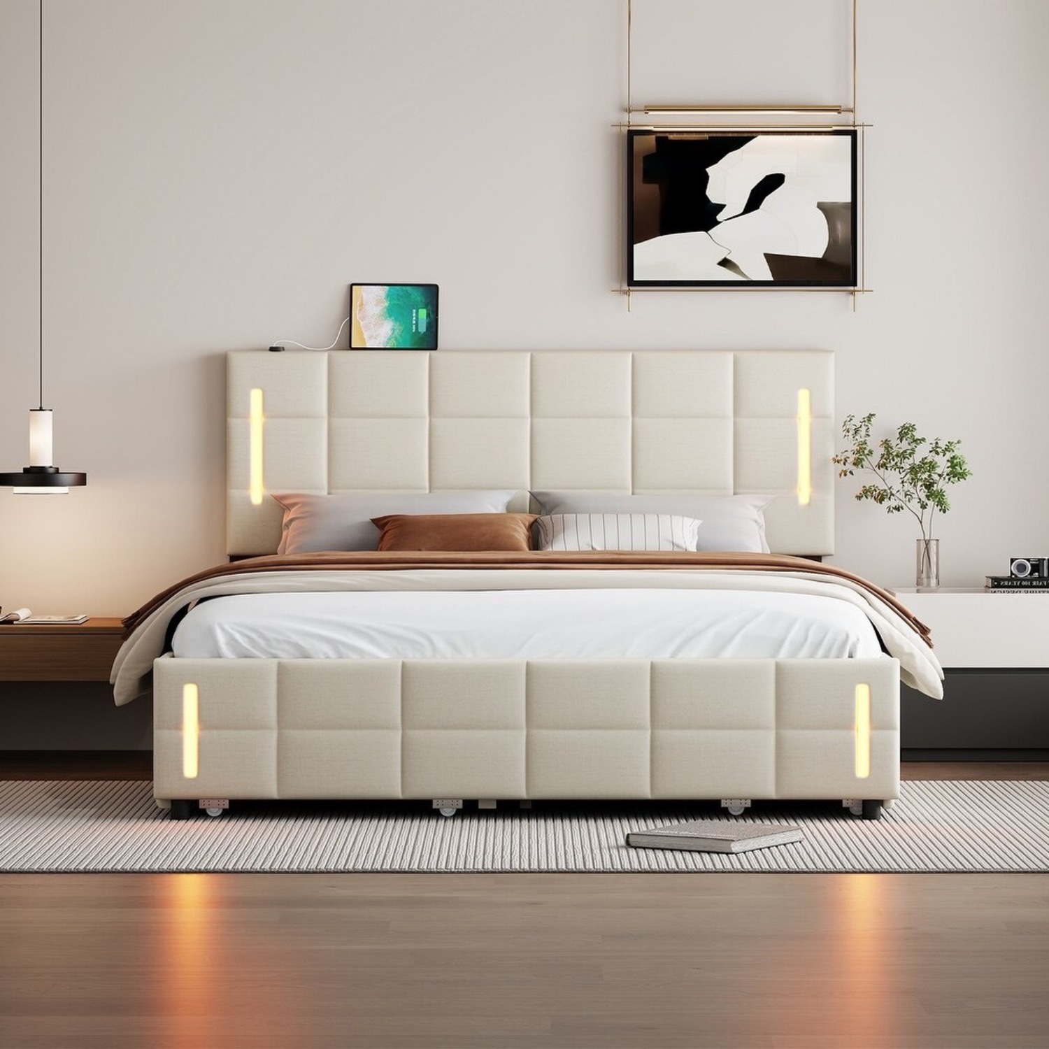 Queen Upholstered Bed W LED, Trundle & Storage - image-1