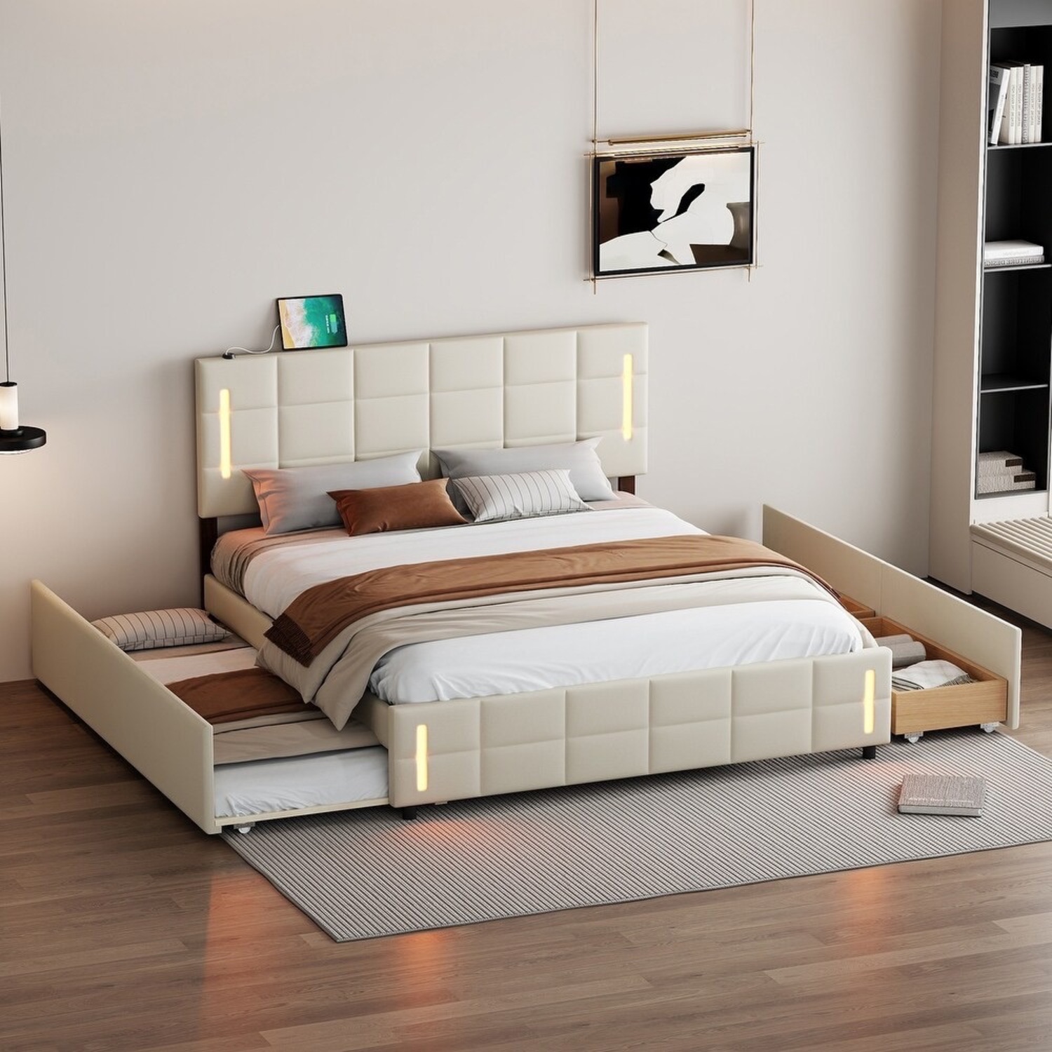 Queen Upholstered Bed W LED, Trundle & Storage - image-2