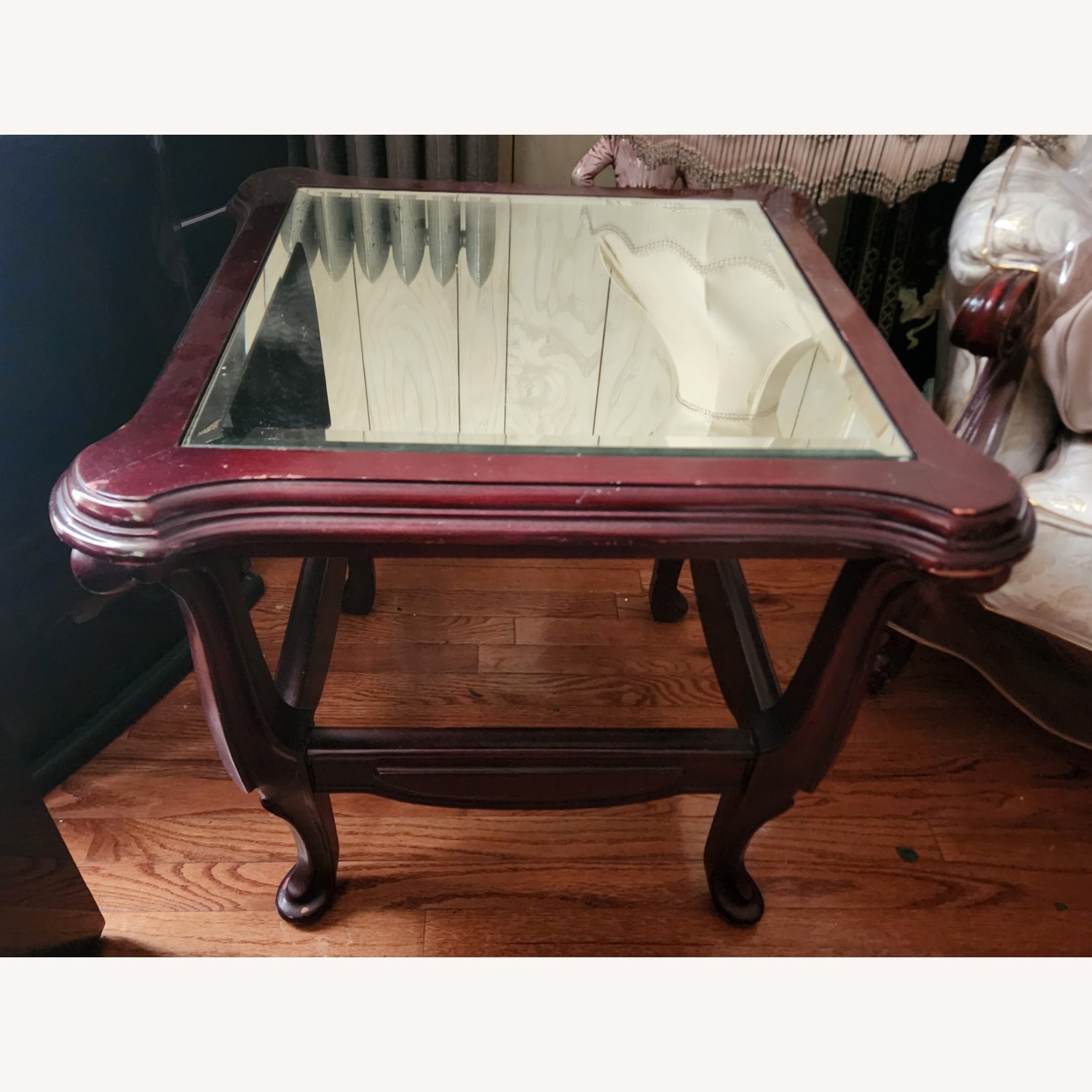 2 Removable Mirror-Topped Red Mahogany Side Tables - image-0
