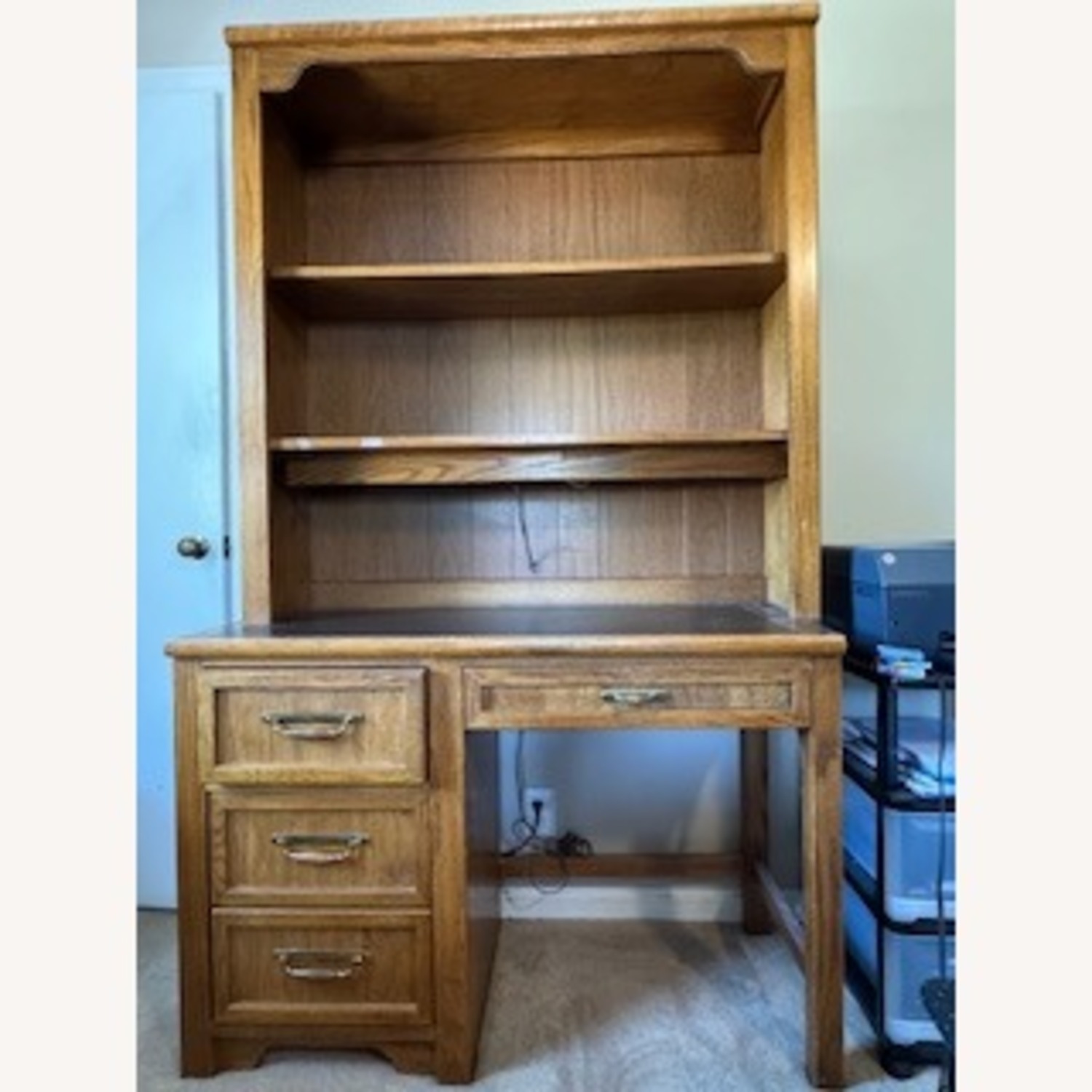 Natural Wood Credenza Desk with Bookcase - image-1