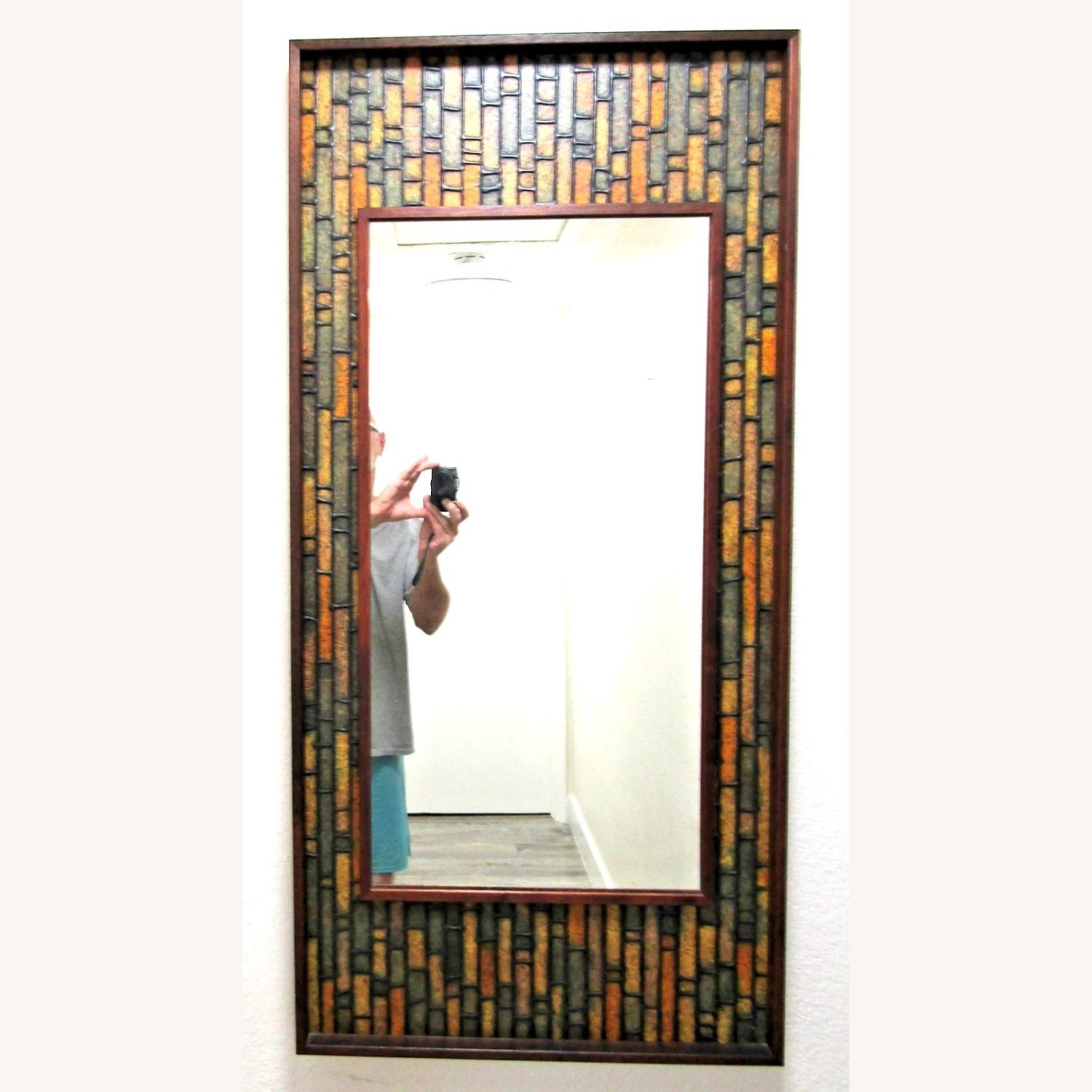 Walnut Vintage Faux Tile Brutalist Wall Mirror - image-2