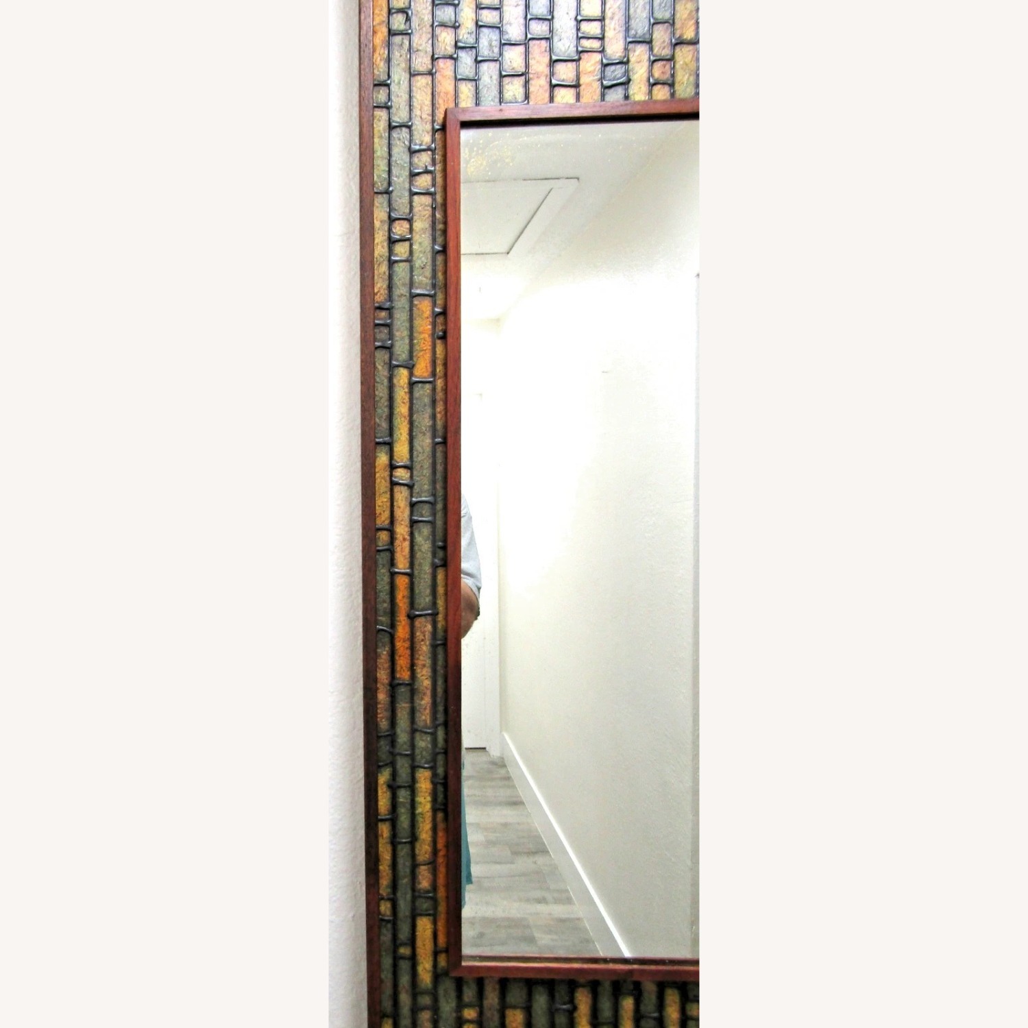 Walnut Vintage Faux Tile Brutalist Wall Mirror - image-5