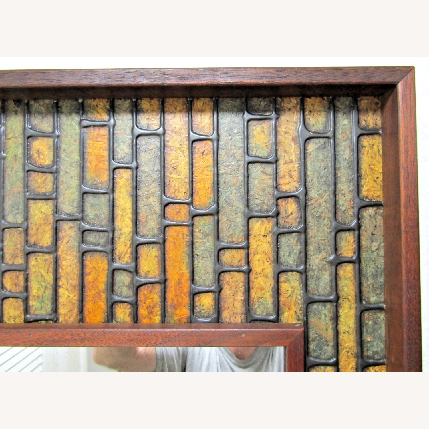 Walnut Vintage Faux Tile Brutalist Wall Mirror - image-11