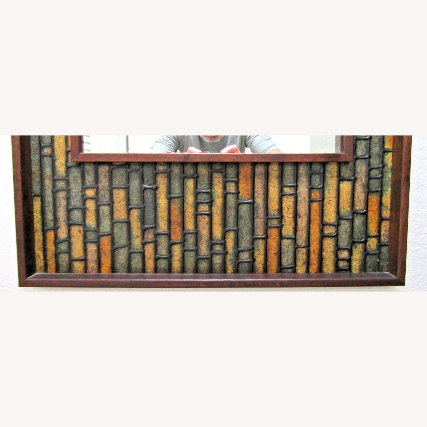 Walnut Vintage Faux Tile Brutalist Wall Mirror - image-7
