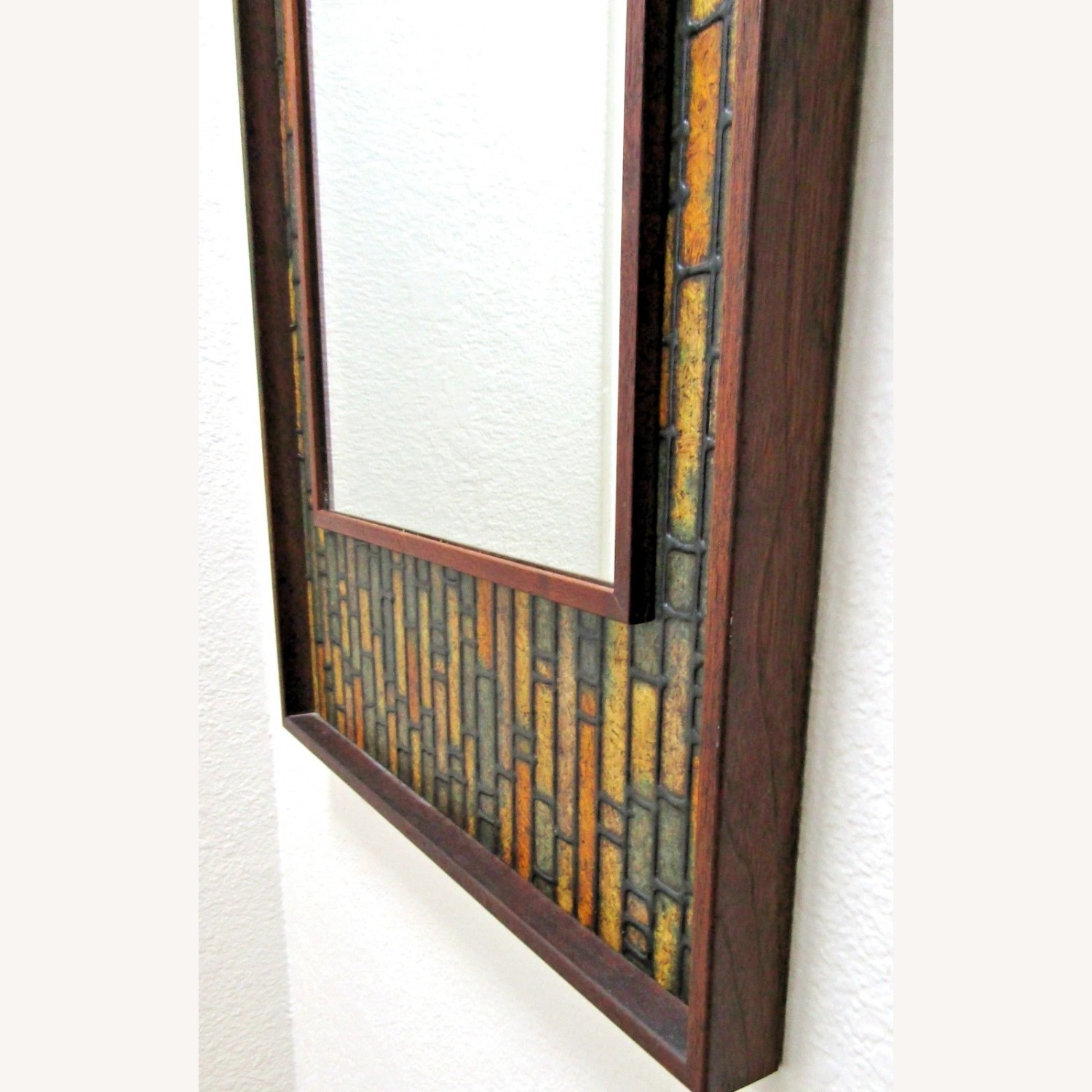 Walnut Vintage Faux Tile Brutalist Wall Mirror - image-13
