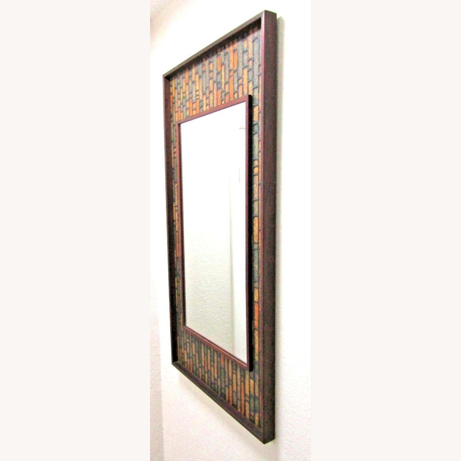 Walnut Vintage Faux Tile Brutalist Wall Mirror - image-12