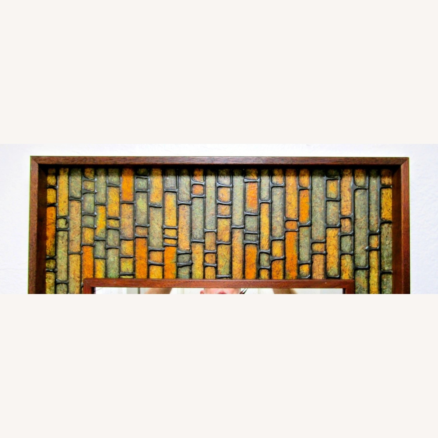 Walnut Vintage Faux Tile Brutalist Wall Mirror - image-4