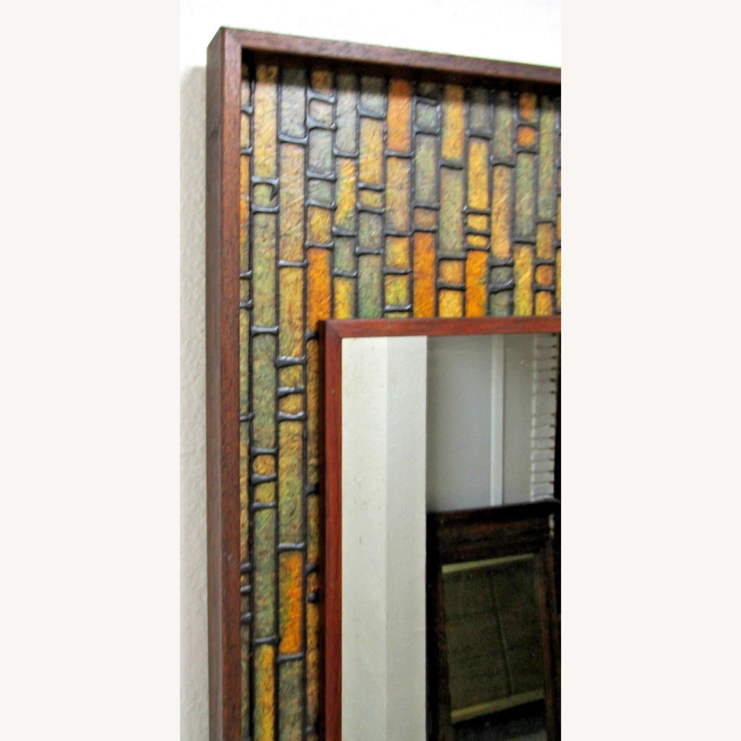 Walnut Vintage Faux Tile Brutalist Wall Mirror - image-14