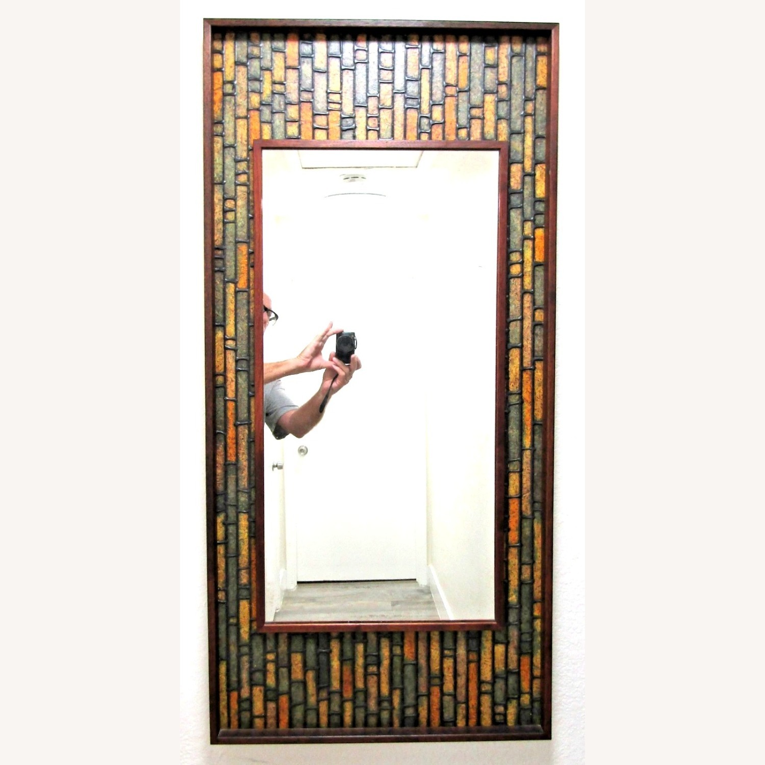Walnut Vintage Faux Tile Brutalist Wall Mirror - image-3