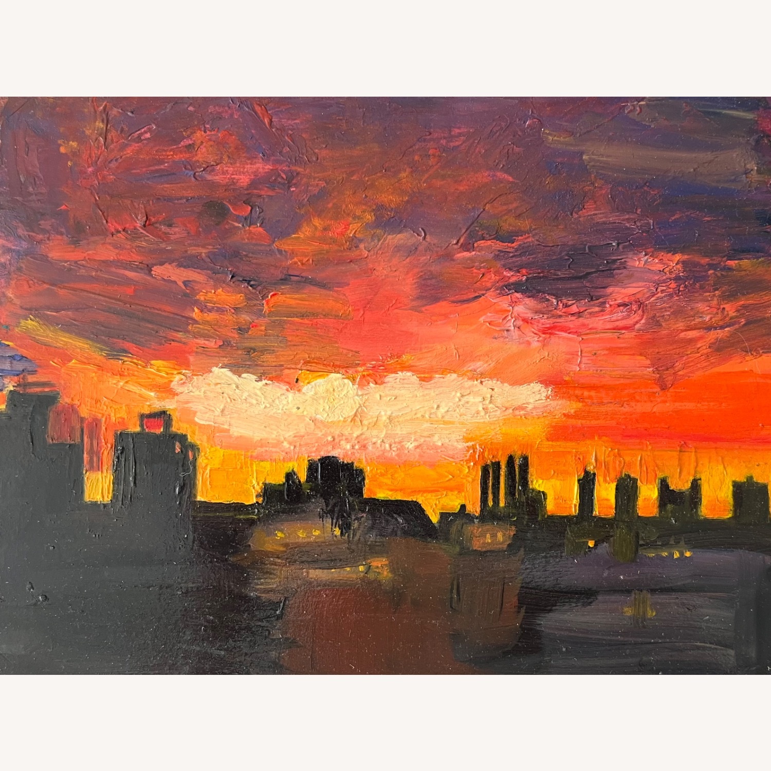 Mid Century Cityscape Sunset Painting - image-4