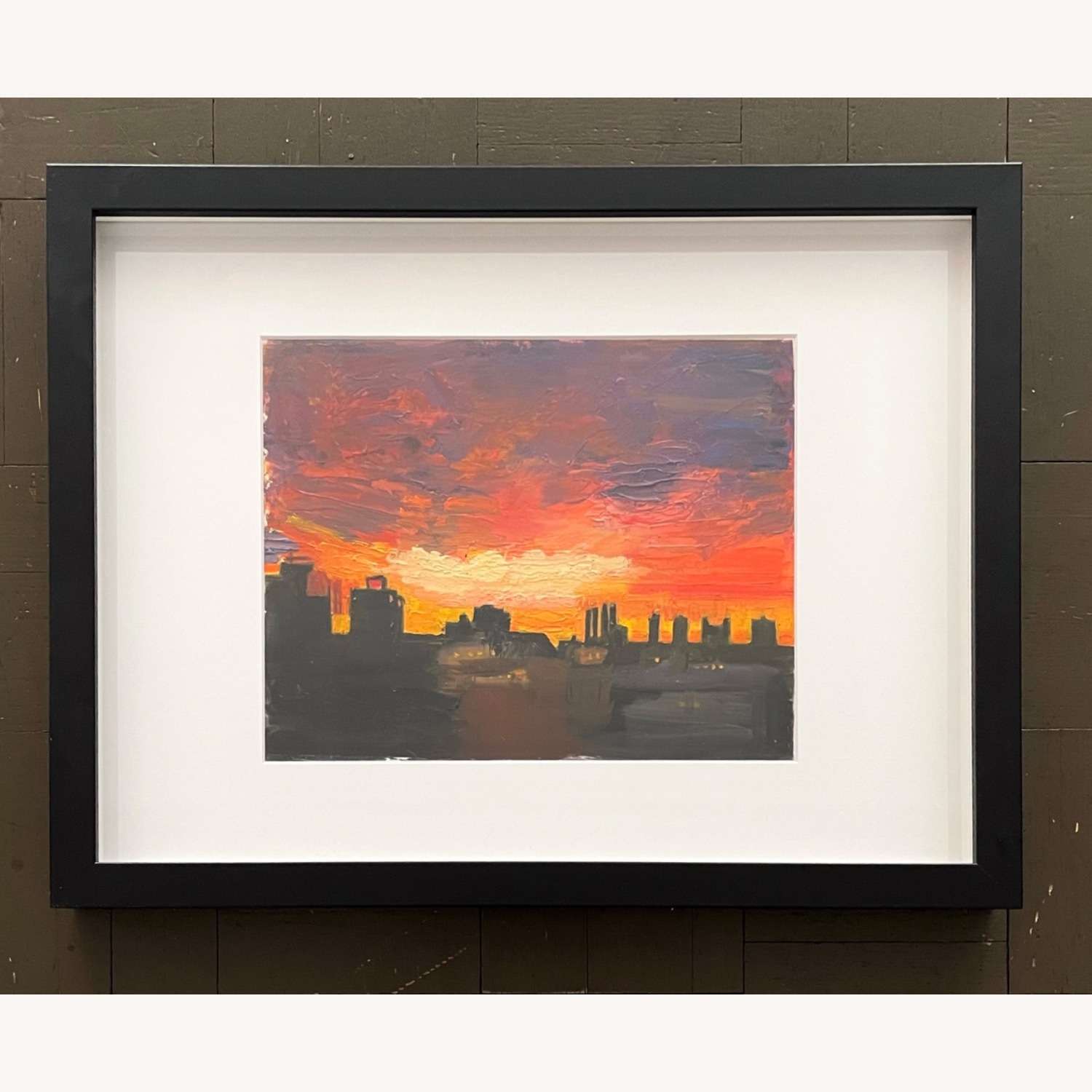 Mid Century Cityscape Sunset Painting - image-1