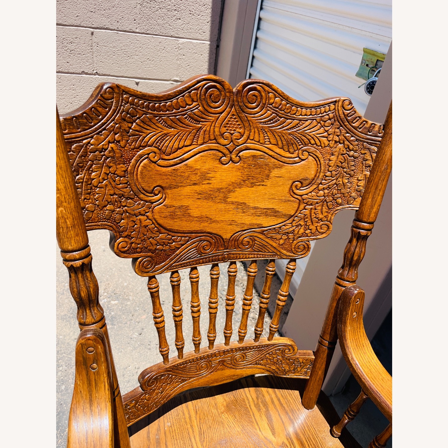 Pair Mid-Century Carved Oak Presback ArmChairs - image-5