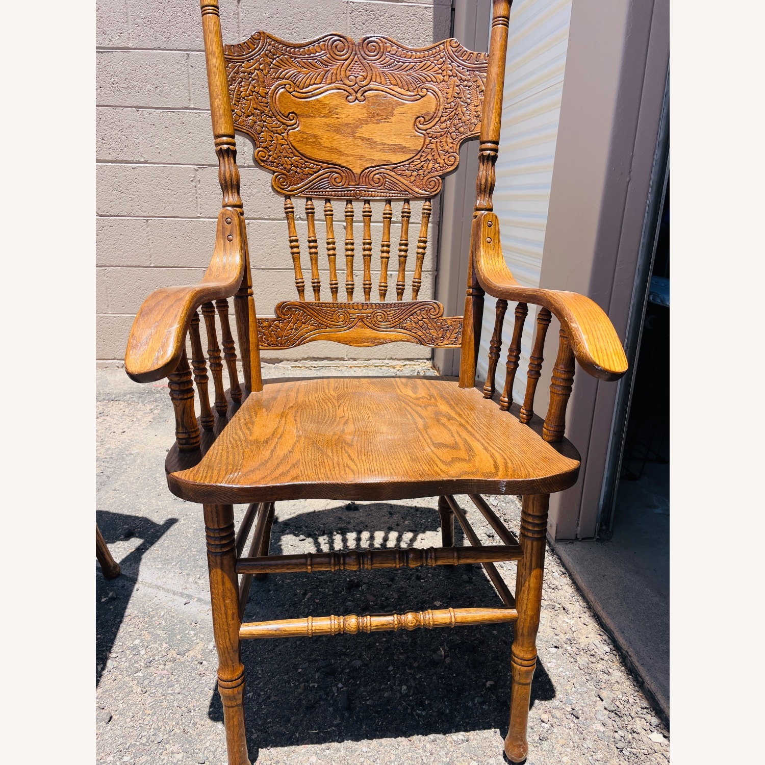 Pair Mid-Century Carved Oak Presback ArmChairs - image-7