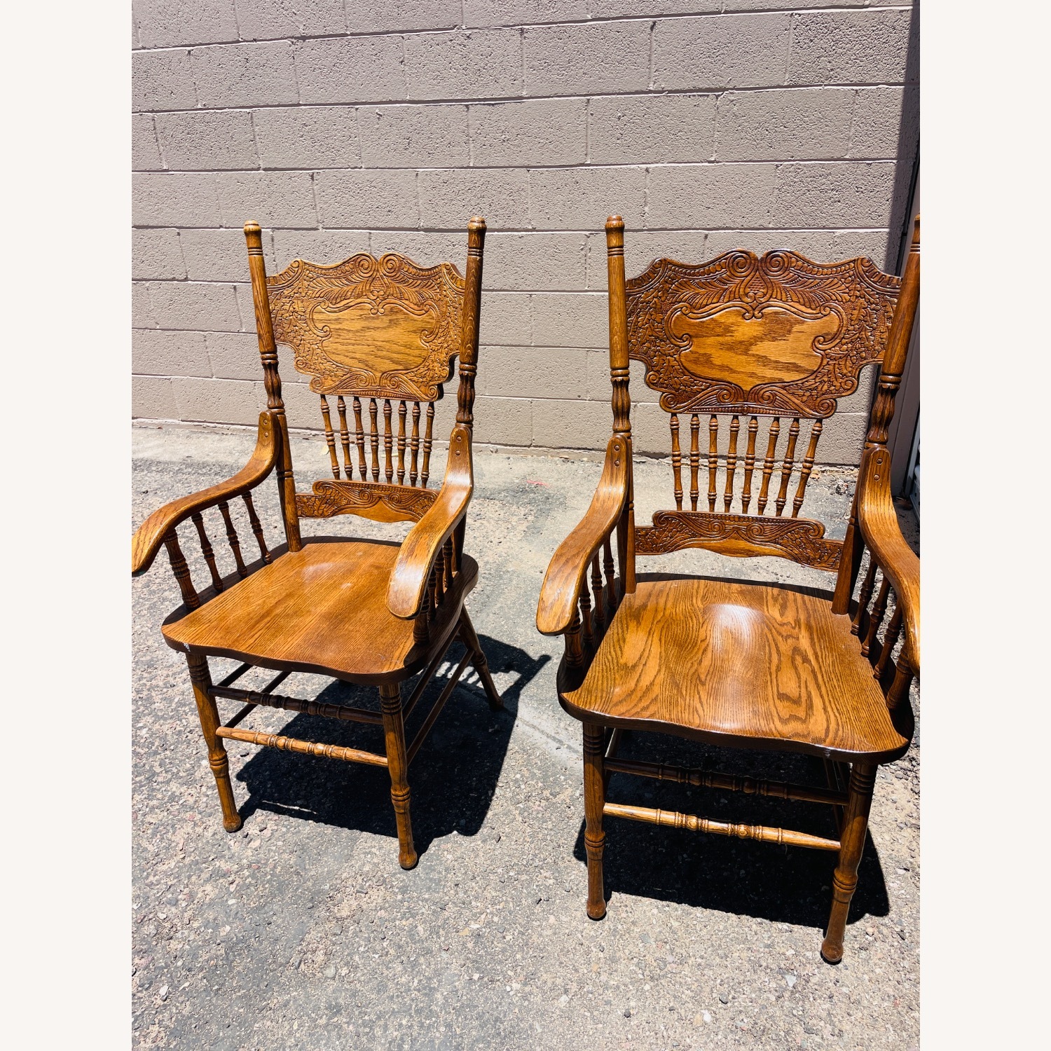 Pair Mid-Century Carved Oak Presback ArmChairs - image-1