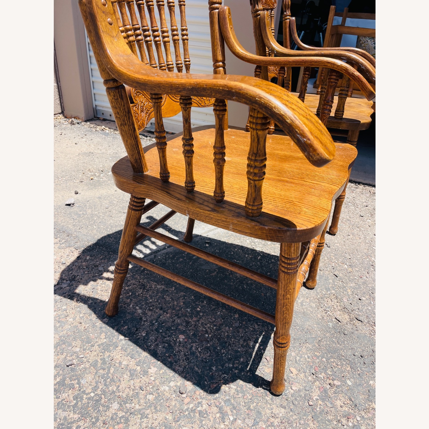 Pair Mid-Century Carved Oak Presback ArmChairs - image-6