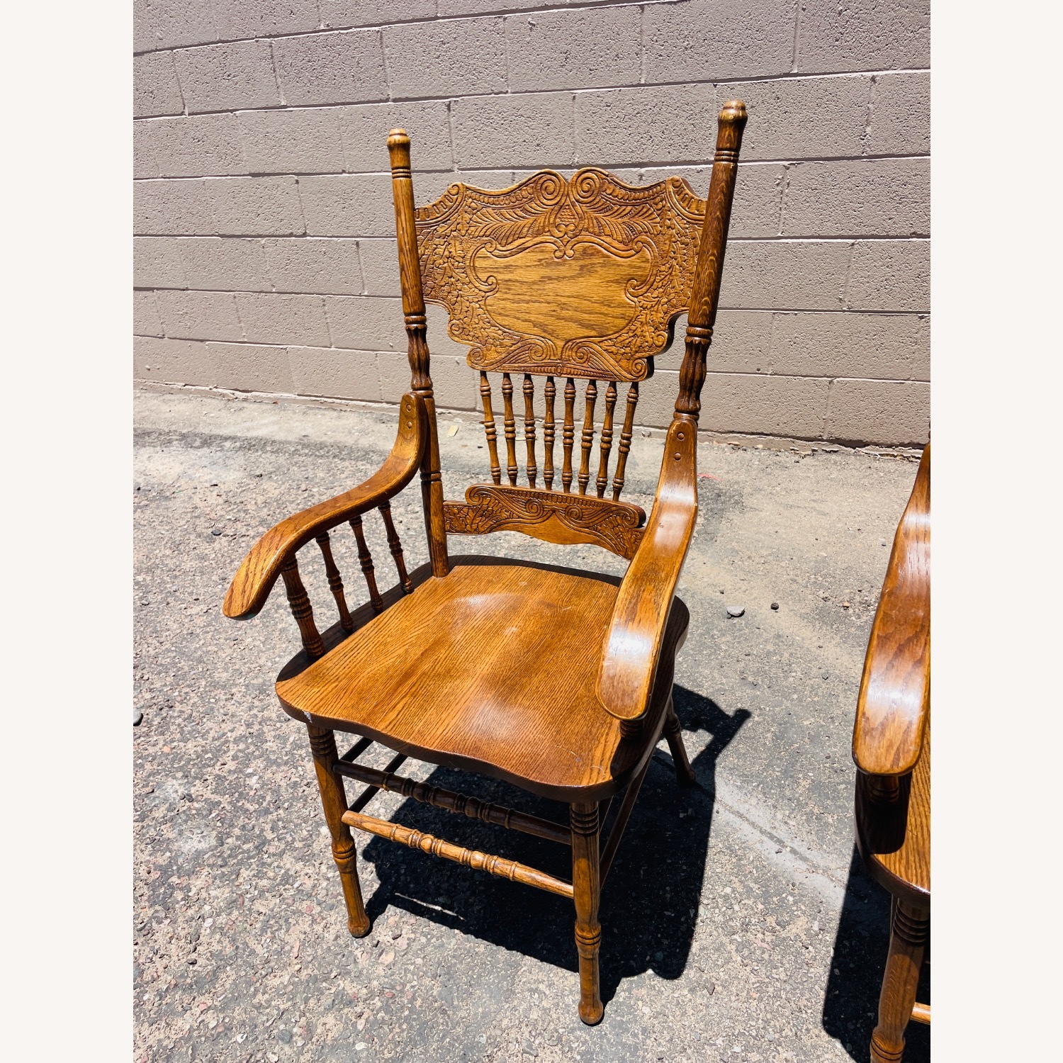 Pair Mid-Century Carved Oak Presback ArmChairs - image-3