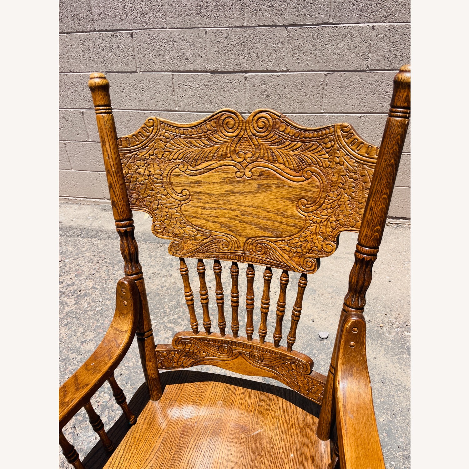 Pair Mid-Century Carved Oak Presback ArmChairs - image-4