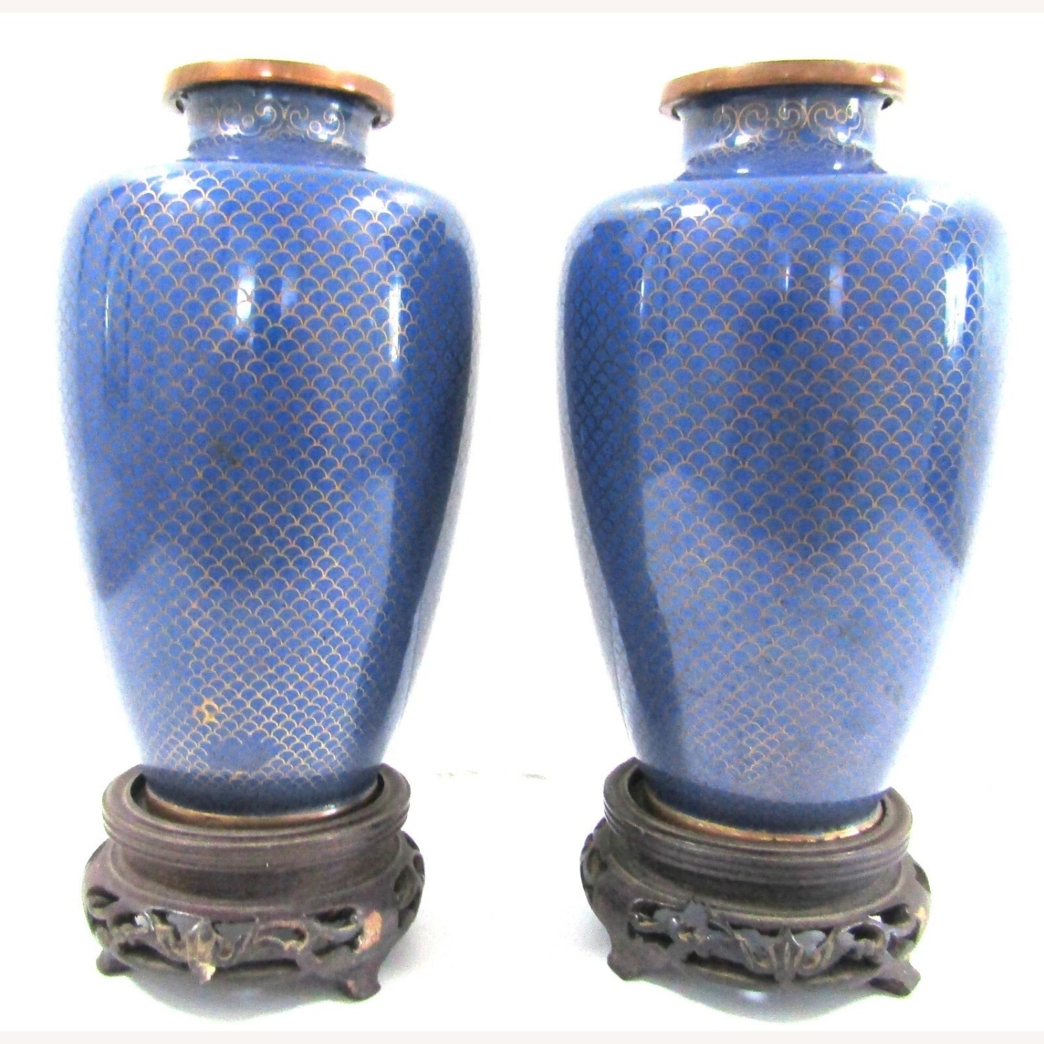 Antique Chinese Blue Fish Scale Cloisonne Vases - image-1
