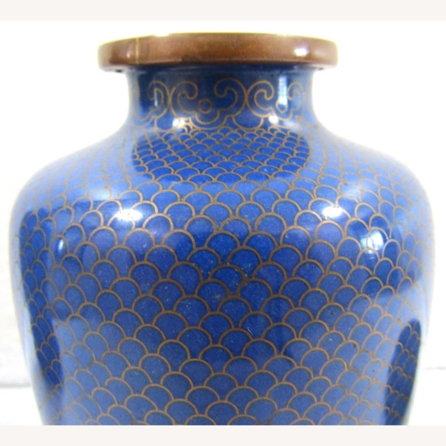 Antique Chinese Blue Fish Scale Cloisonne Vases - image-7