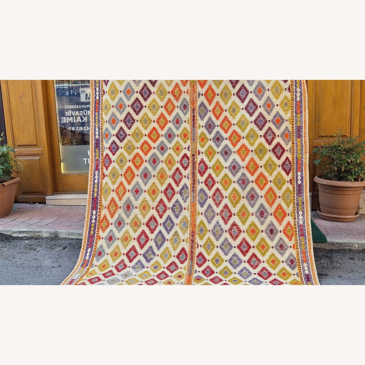 Vintage Turkish Geometric Cecim Rug in Jewel Tones - image-2