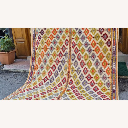 Used Vintage Turkish Geometric Cecim Rug in Jewel Tones for sale on AptDeco