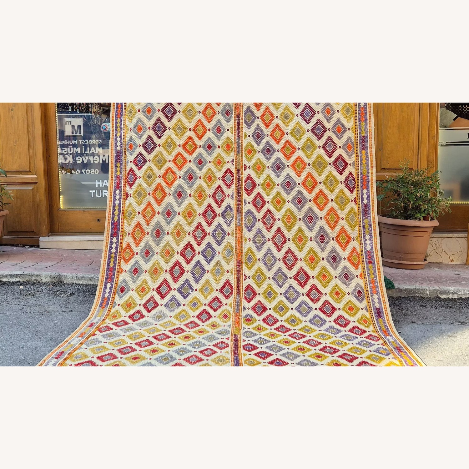 Vintage Turkish Geometric Cecim Rug in Jewel Tones - image-3