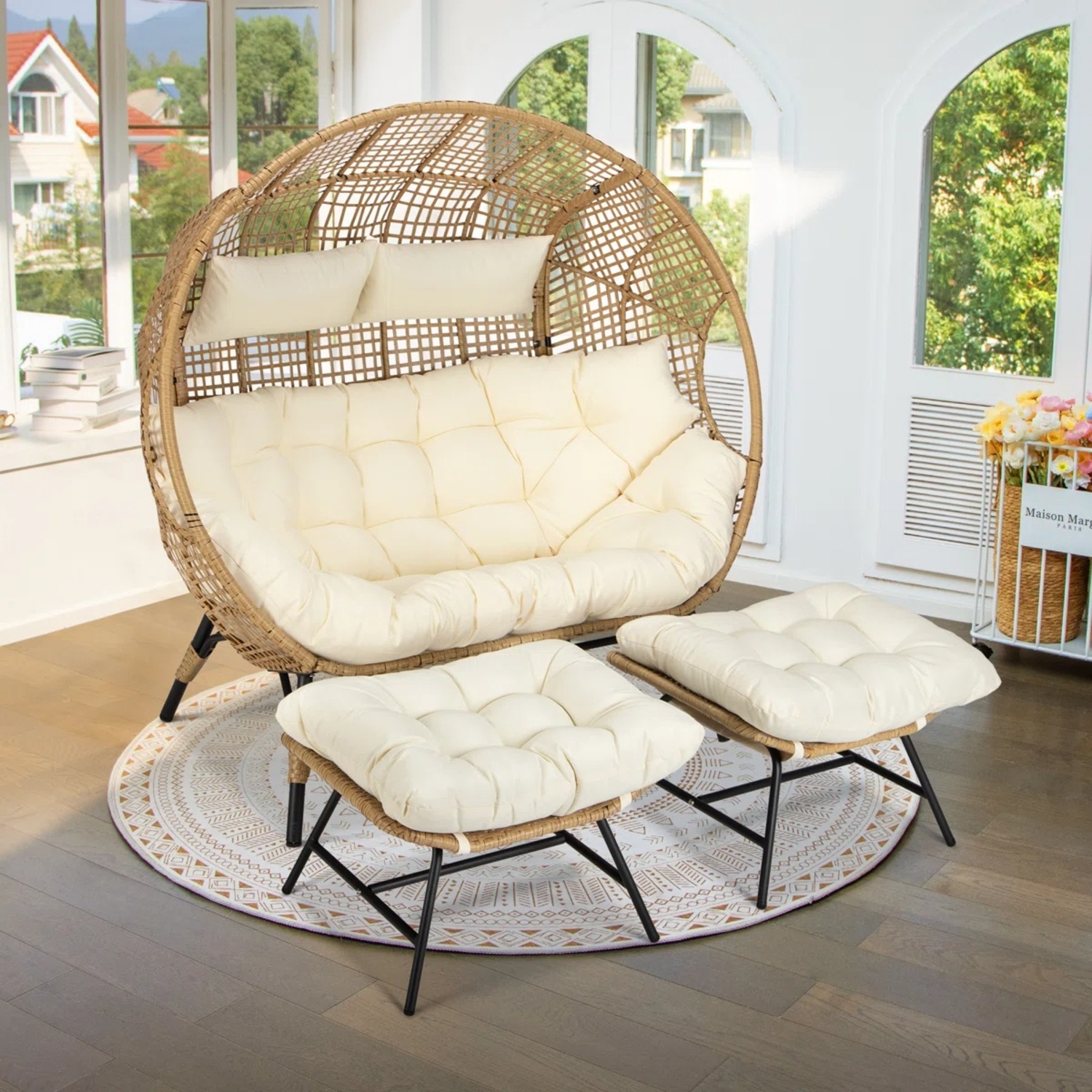 Patio Love Seat Egg Chair in Beige with Ottomans - image-4