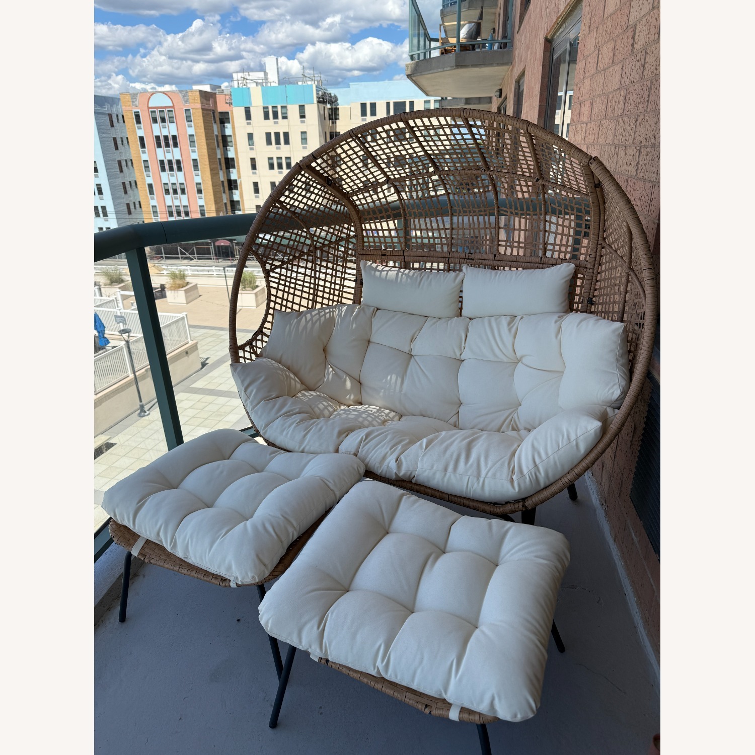 Patio Love Seat Egg Chair in Beige with Ottomans - image-1