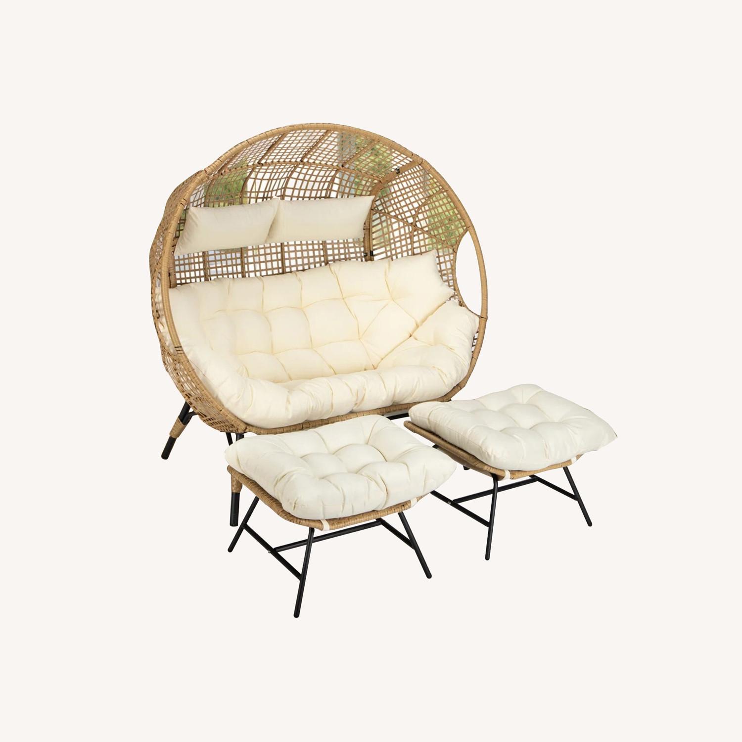 Patio Love Seat Egg Chair in Beige with Ottomans - image-0