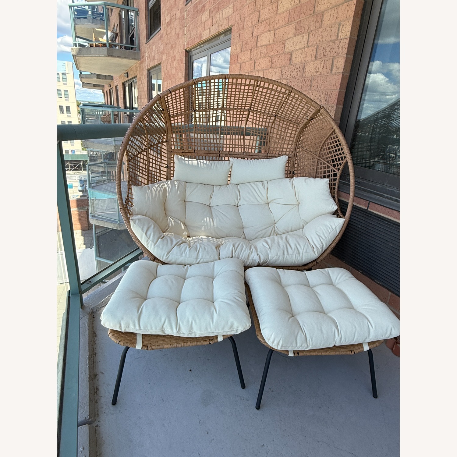Patio Love Seat Egg Chair in Beige with Ottomans - image-3