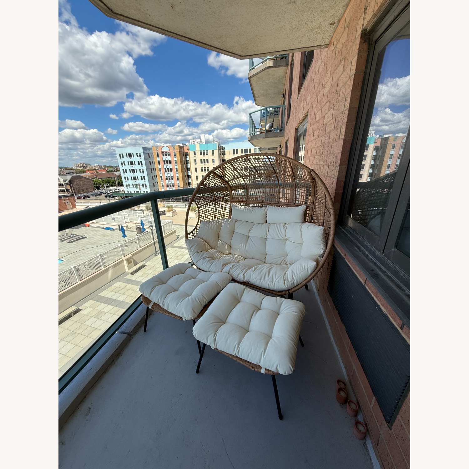 Patio Love Seat Egg Chair in Beige with Ottomans - image-2