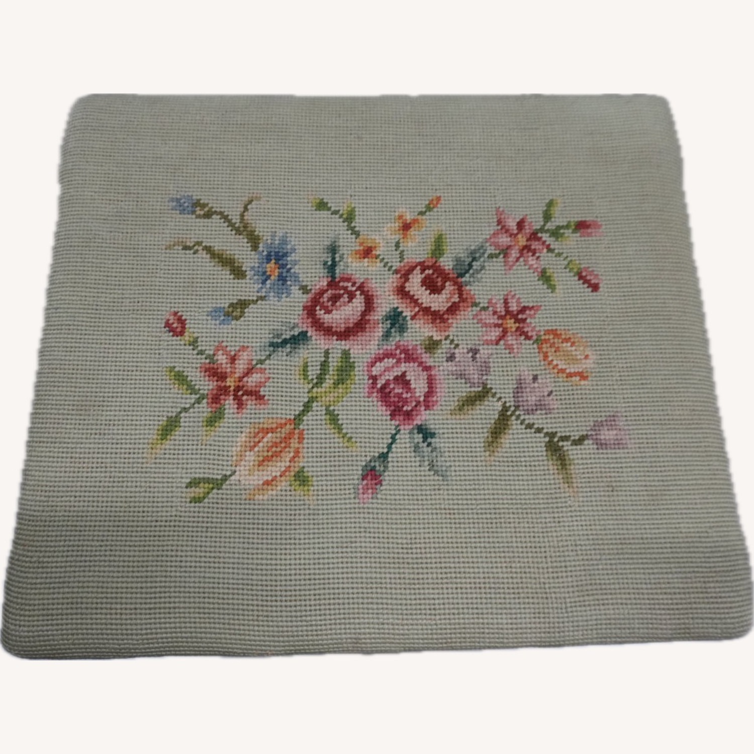 Vintage Needlepoint Floral Upholstery Footstool  - image-2