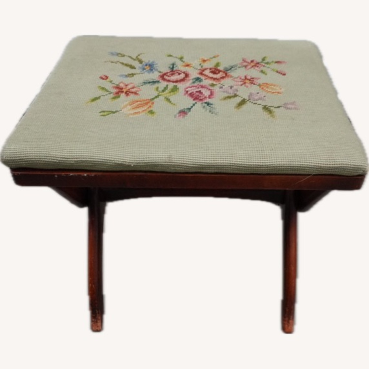 Vintage Needlepoint Floral Upholstery Footstool  - image-1