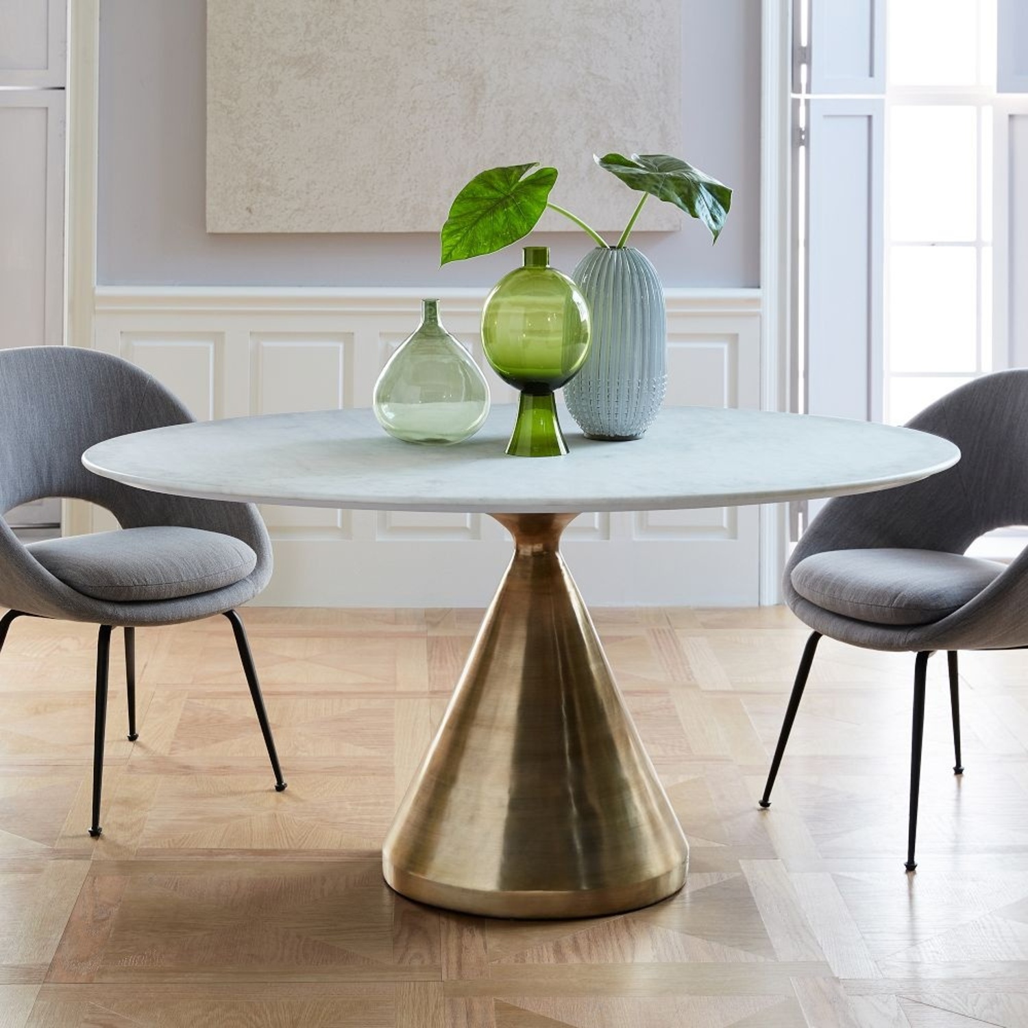 West Elm Silhouette 60" Dining Table, Round White Marble, Antique Brass - image-6