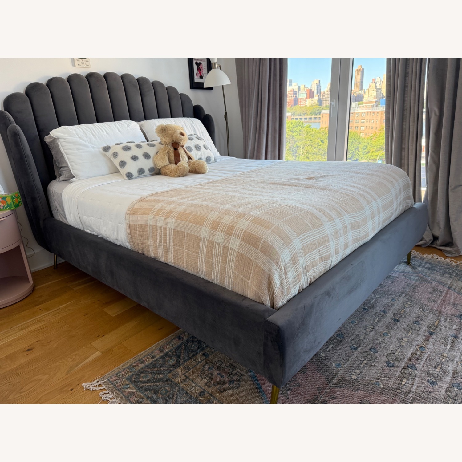 Lana Queen Bed, Gray Velvet With Brass Legs - image-3