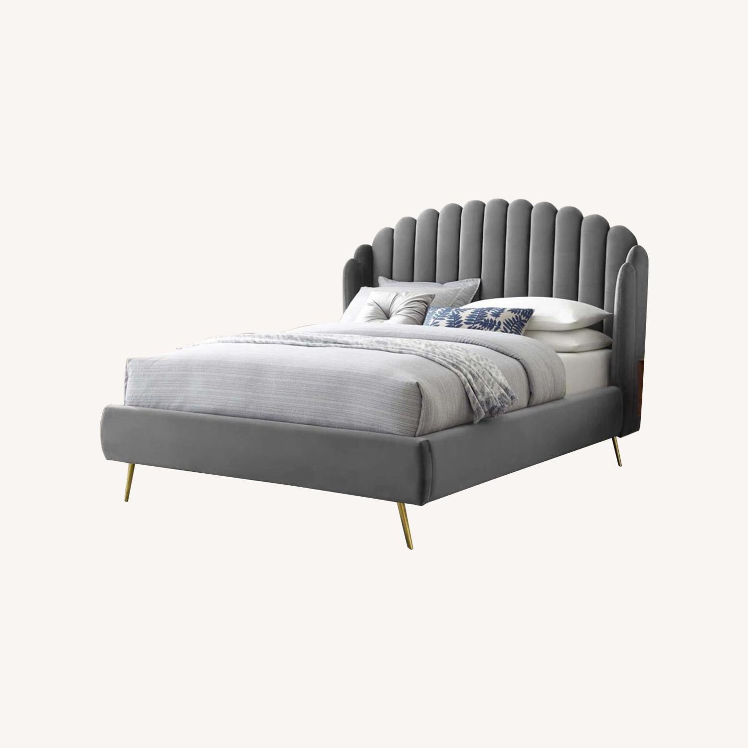 Lana Queen Bed, Gray Velvet With Brass Legs - image-0