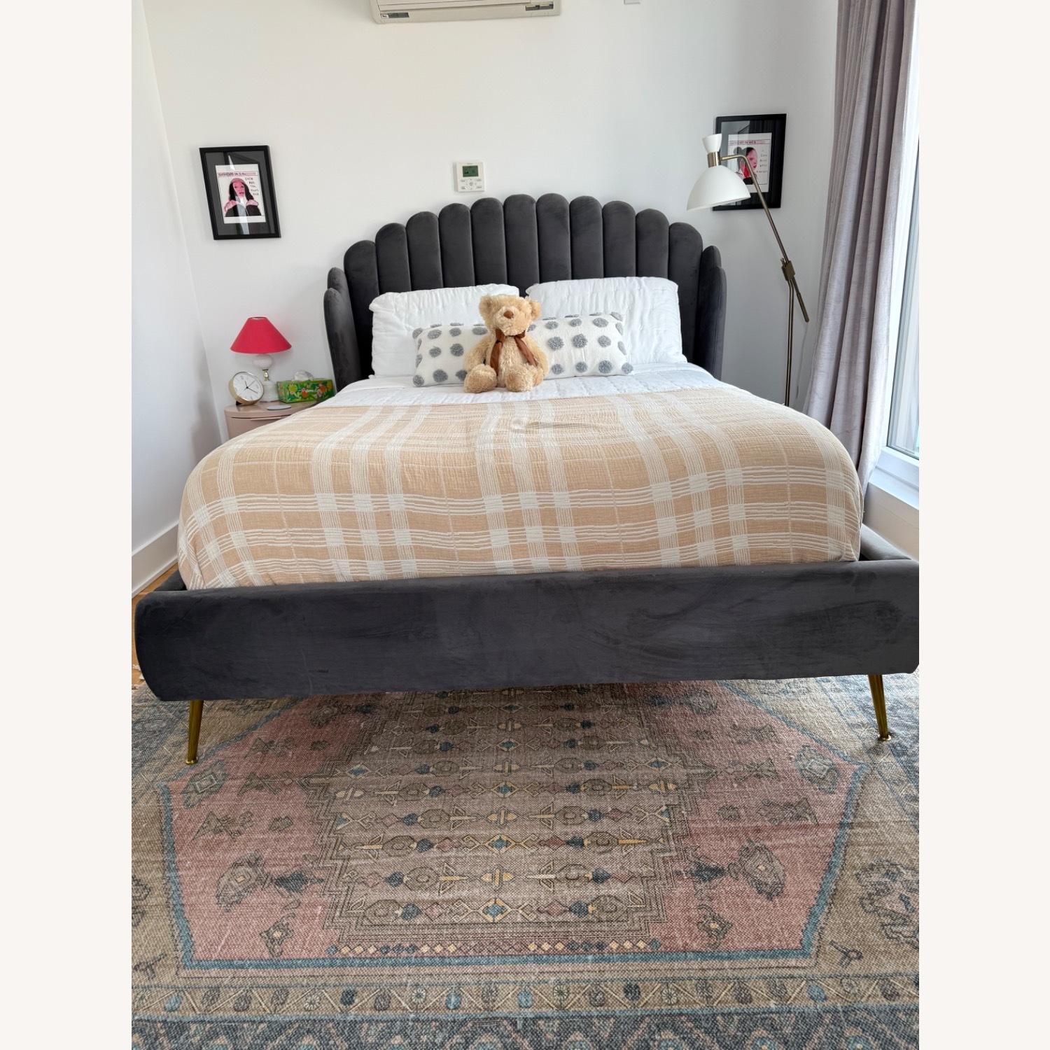 Lana Queen Bed, Gray Velvet With Brass Legs - image-1