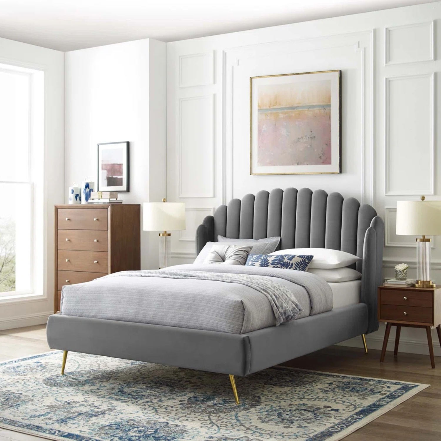Lana Queen Bed, Gray Velvet With Brass Legs - image-4