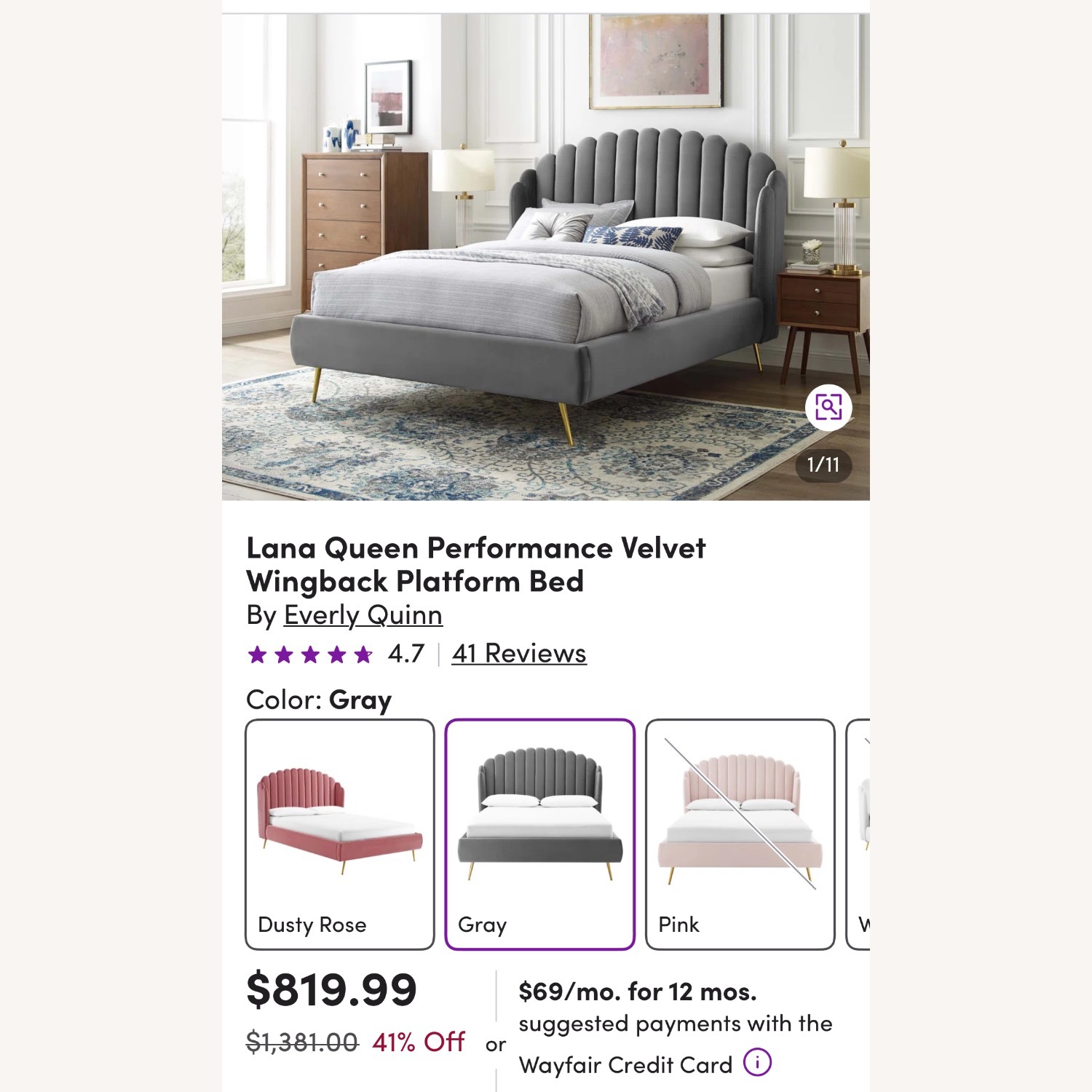 Lana Queen Bed, Gray Velvet With Brass Legs - image-2