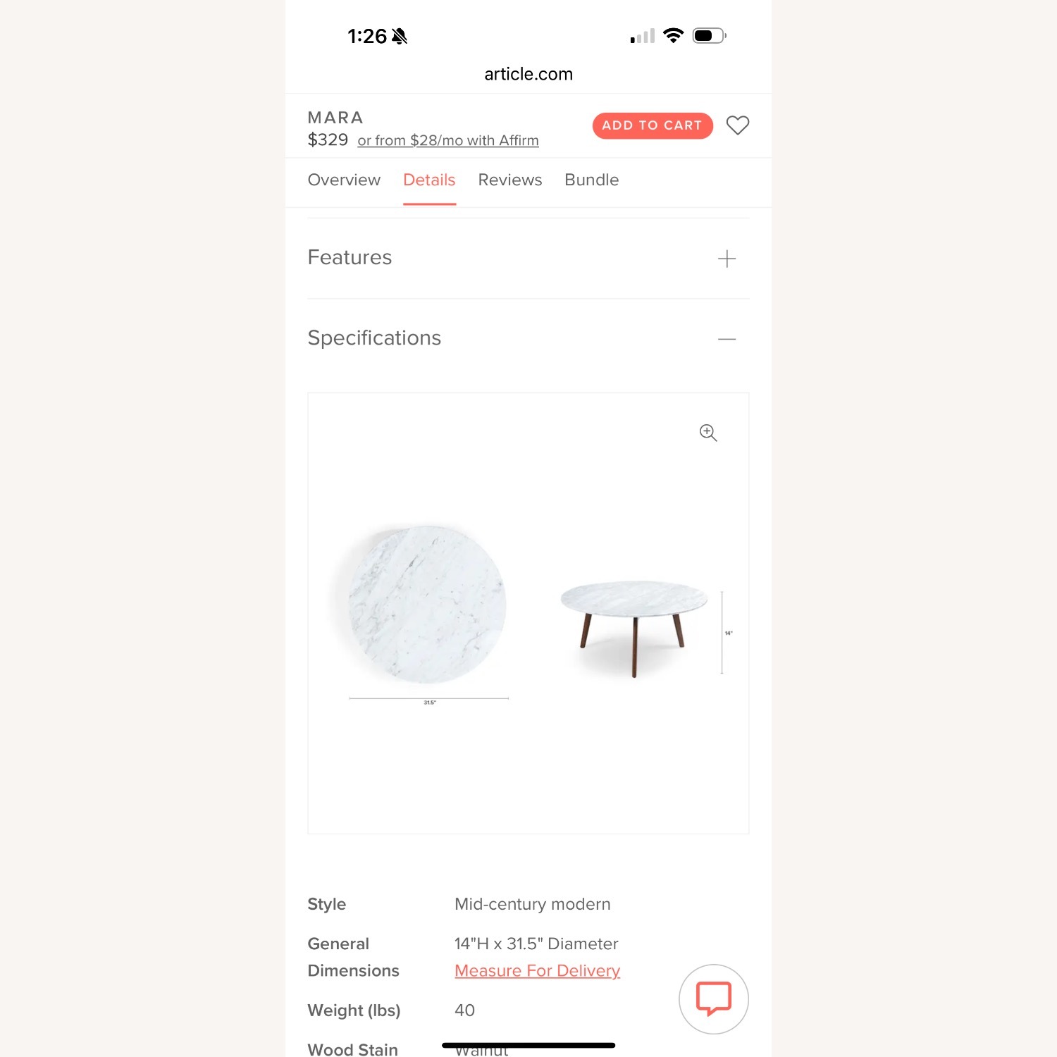 Mara Marble/Walnut Coffee Table - image-4