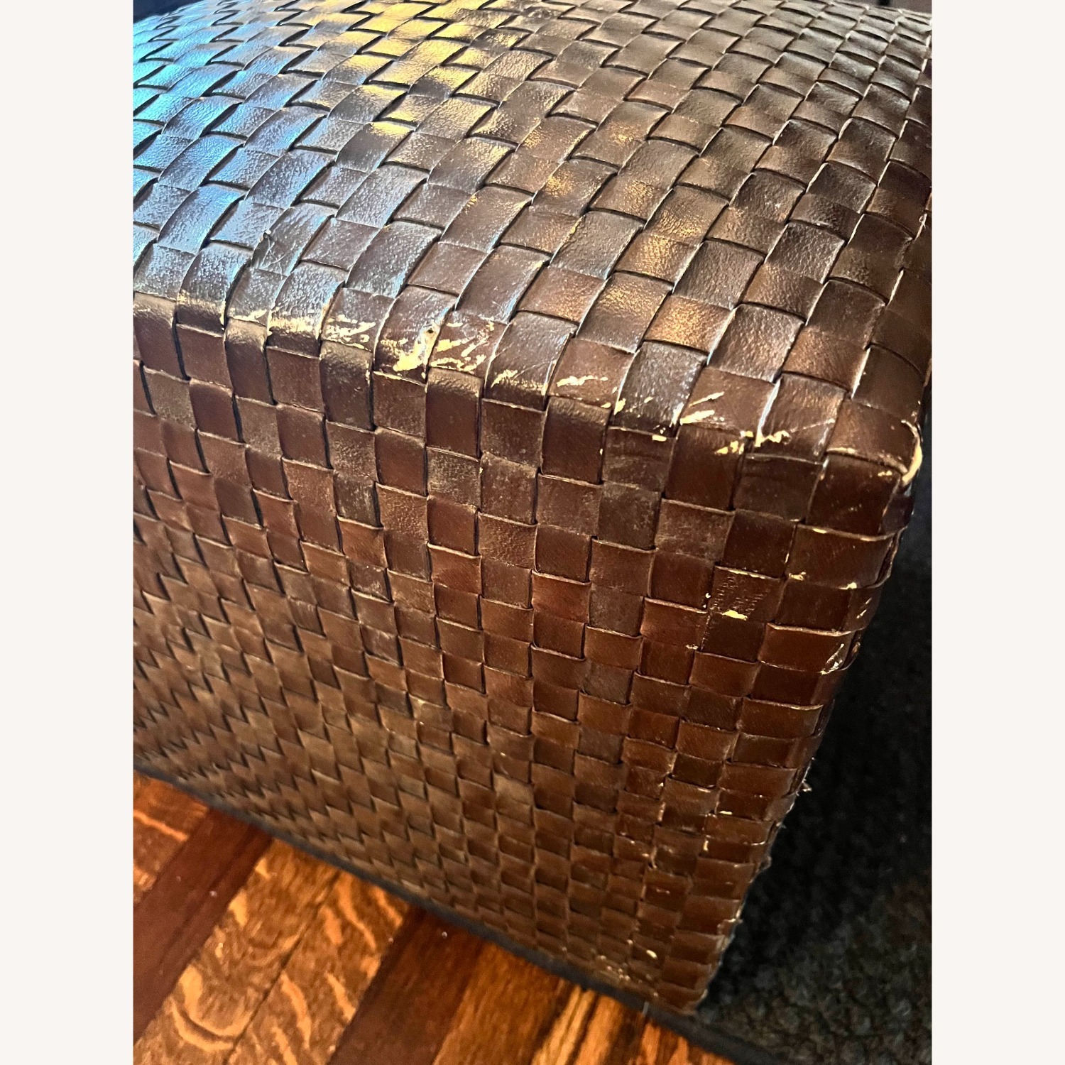 2 Brown Woven Leather Seating Cubes - AptDeco