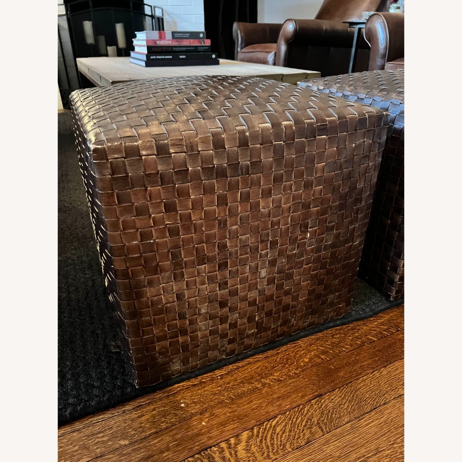 2 Brown Woven Leather Seating Cubes - AptDeco