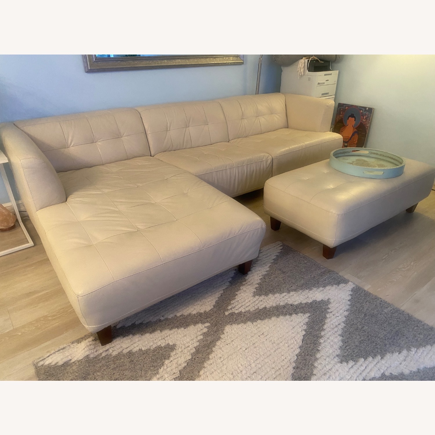 Cream Leather Sectional with Ottoman - image-0
