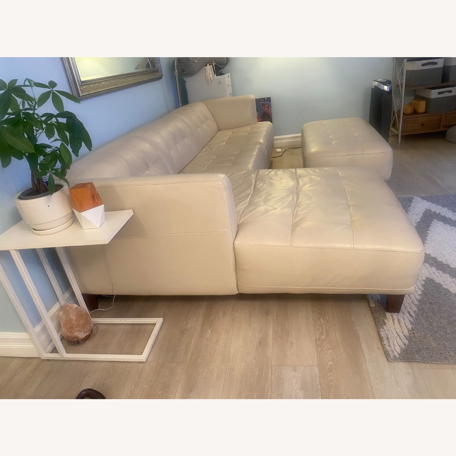 Cream Leather Sectional with Ottoman - image-2