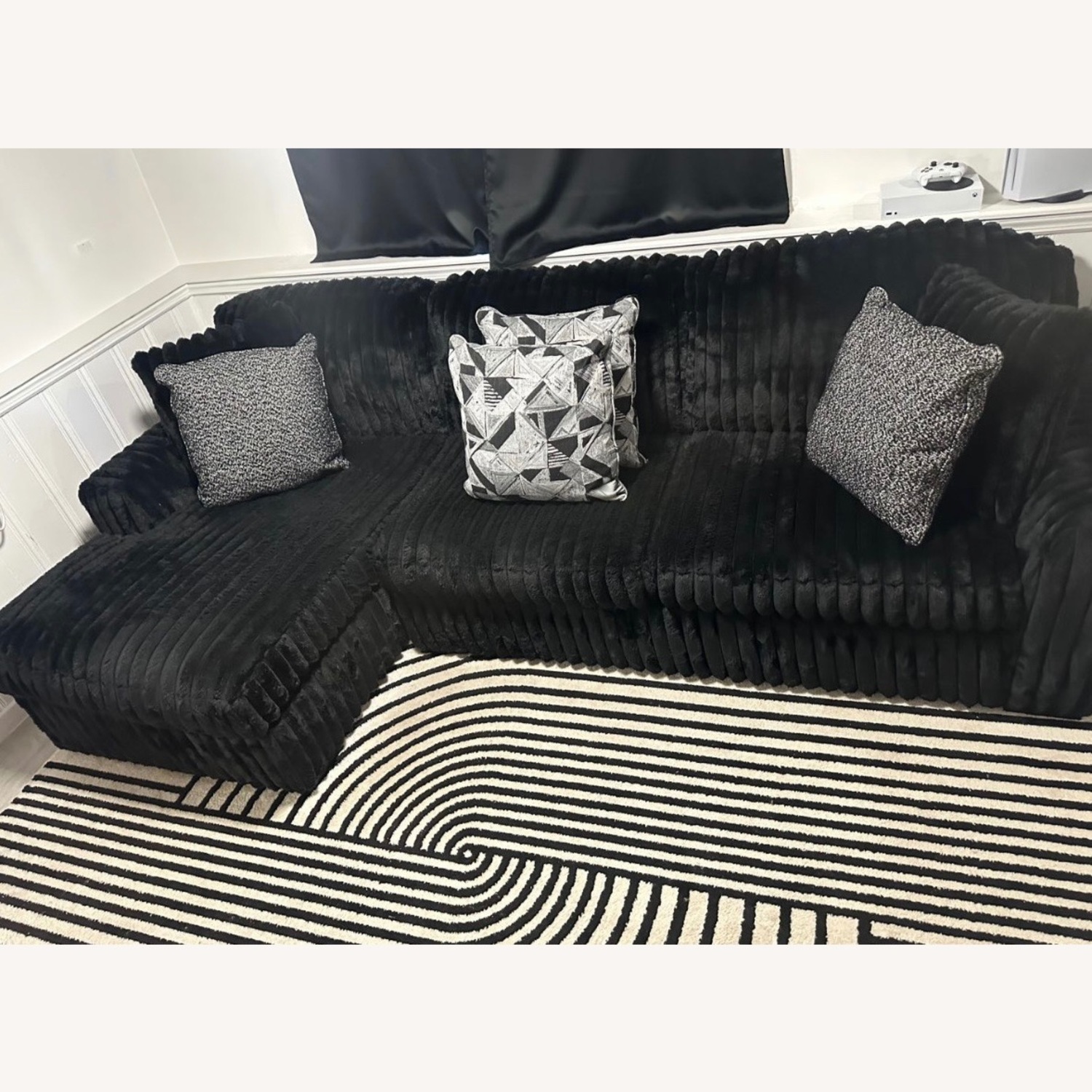 Black Plush Corduroy Sectional Sofa with Chaise - image-2