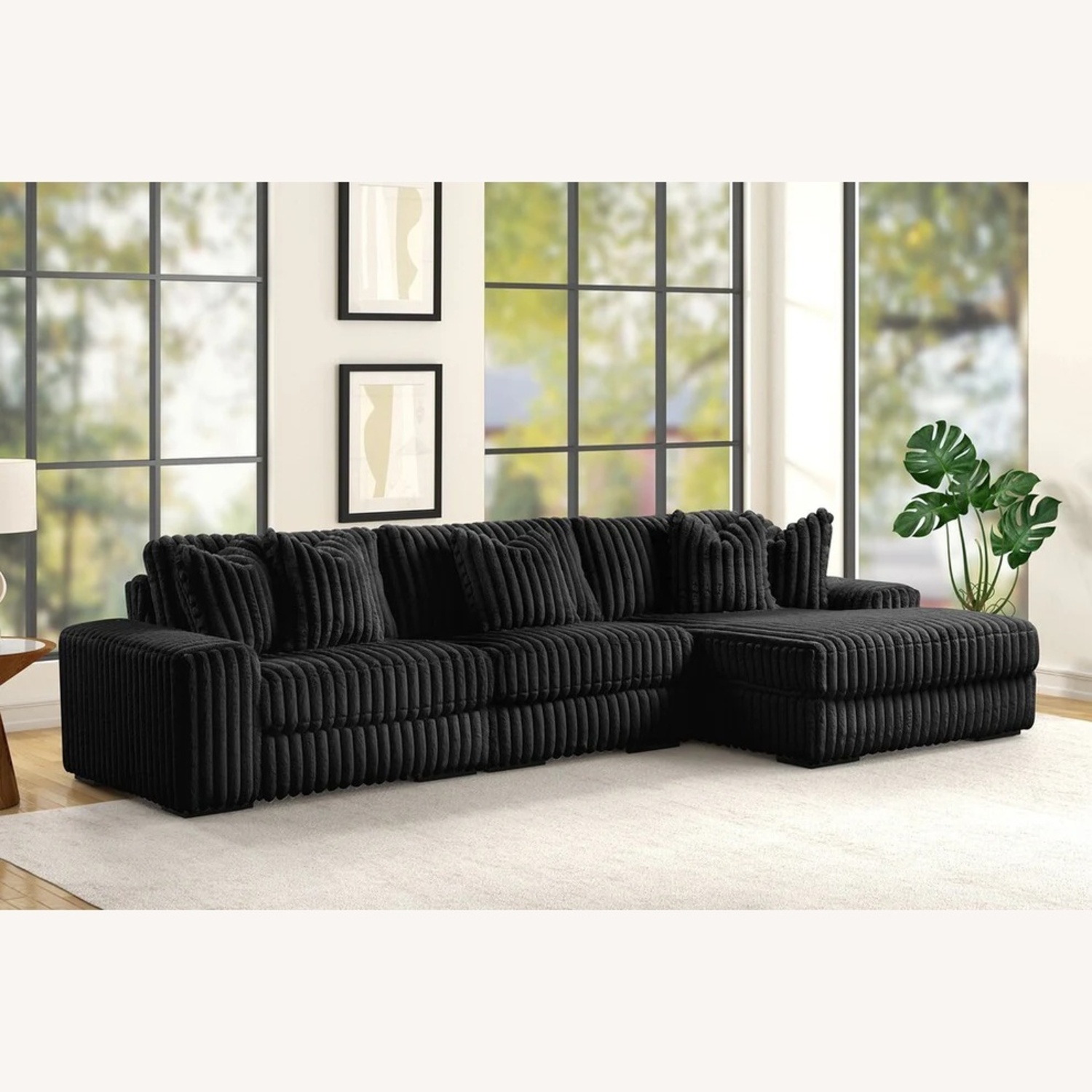 Black Plush Corduroy Sectional Sofa with Chaise - image-4