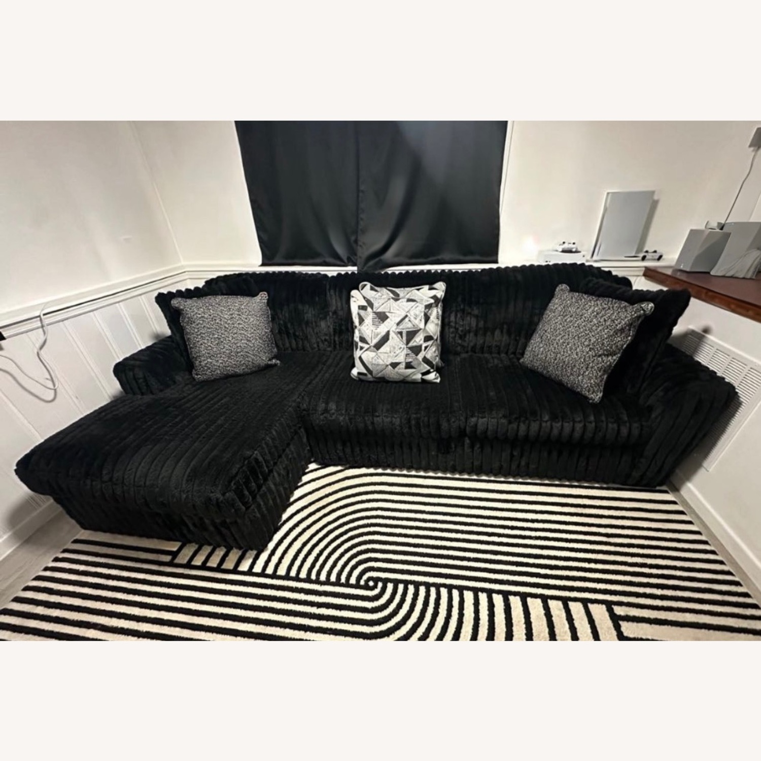 Black Plush Corduroy Sectional Sofa with Chaise - image-1