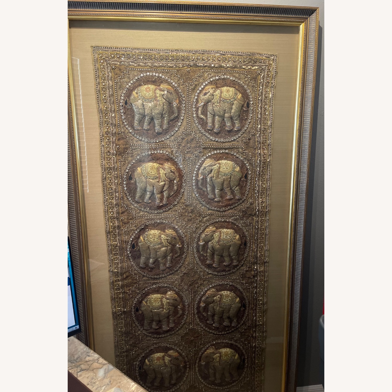 Framed Burmese Silk Elephant Tapestry - image-1