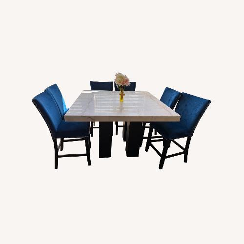 Used Jerome’s Marble Table with 6 Blue Suede Chairs for sale on AptDeco